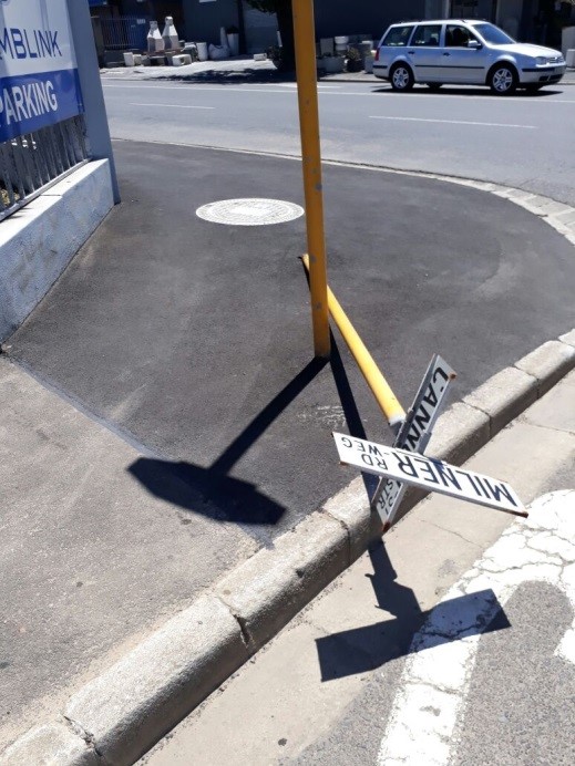 A constant maintenance factor remains repairs or replacement of street signs and poles. The high volume of traffic and large trucks linked to the narrow streets compounds this problem. This is a direct cost to the CID which amounts to an average of R 350.00 per pole and R 380.00 per street sign, excluding man hours spent. 